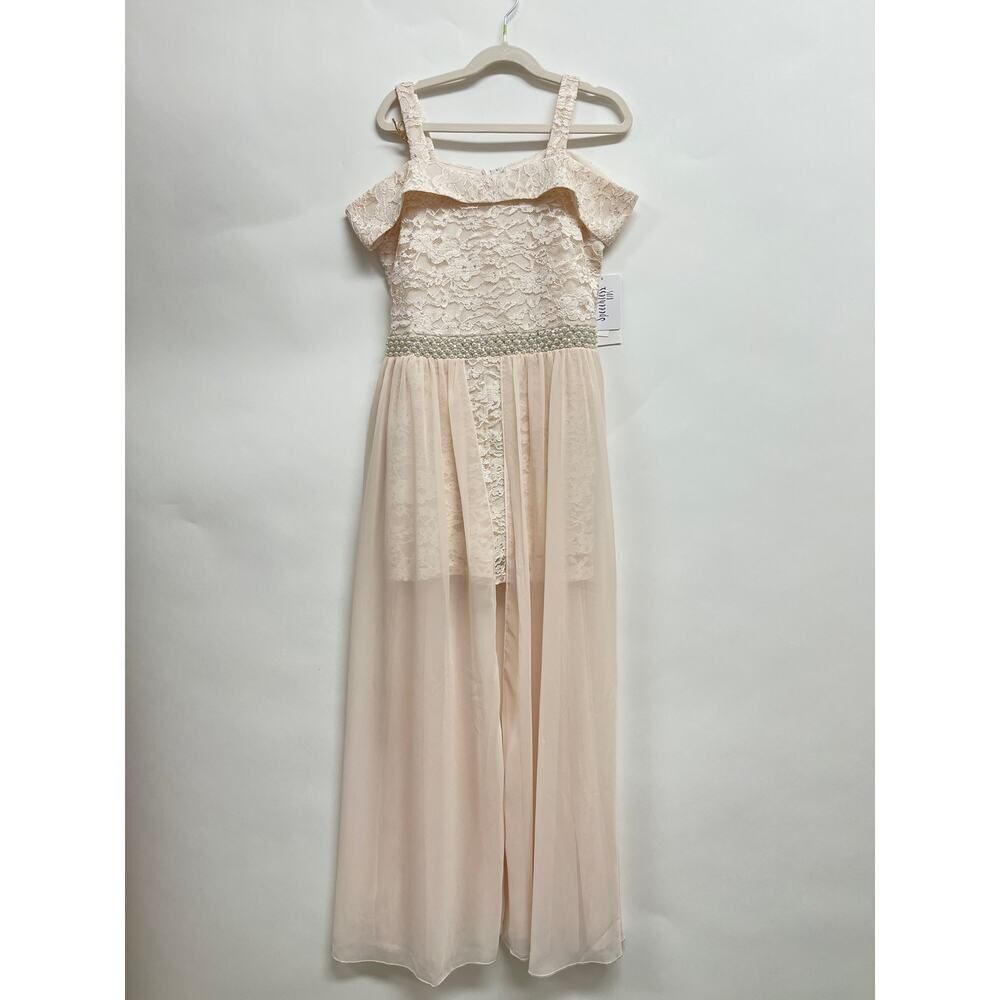 Speechless Kids Pale Blush‎ Romper with Pearl Waistband and Mesh Train Size 14